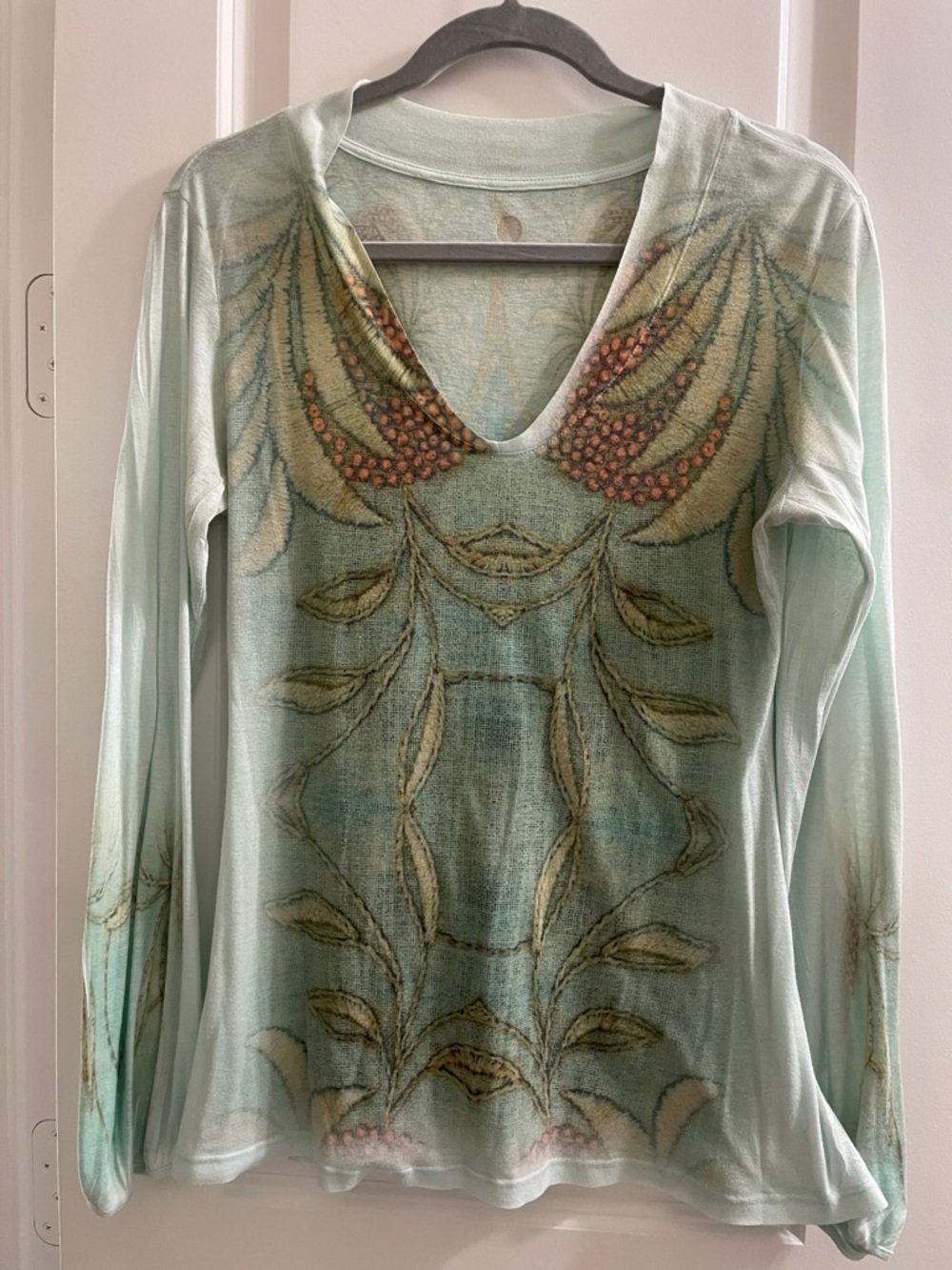 Light Mint Long Sleeve V-Neck Top with Botanical Print